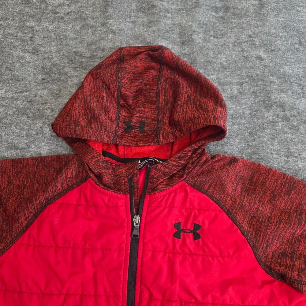 Under Armour Kids Puffer Hooded Jacket Red Black Full Zip‎ ColdGear Size YXL